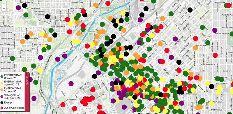 Image: A screenshot of the map, which currently shows the ENERGY STAR ratings of buildings 50,000 square feet or larger.