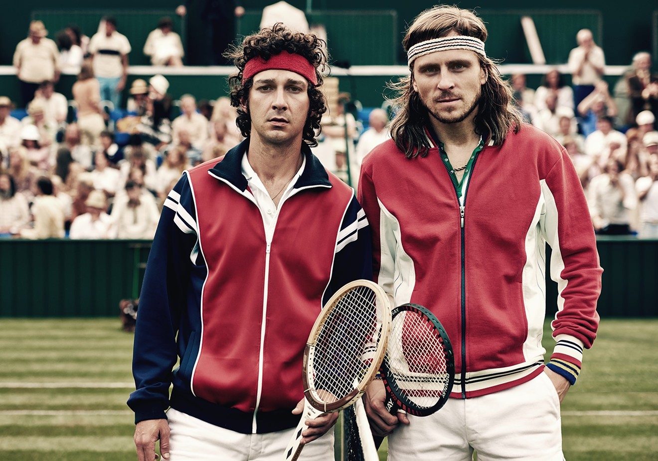 Shia LaBeouf (left) plays John McEnroe, the hotheaded,  filthy-mouthed tennis star, and Sverrir Gudnason is Björn Borg, the Swede looking to win his record-breaking fifth Wimbledon championship, in Janus Metz’s Borg vs. McEnroe.