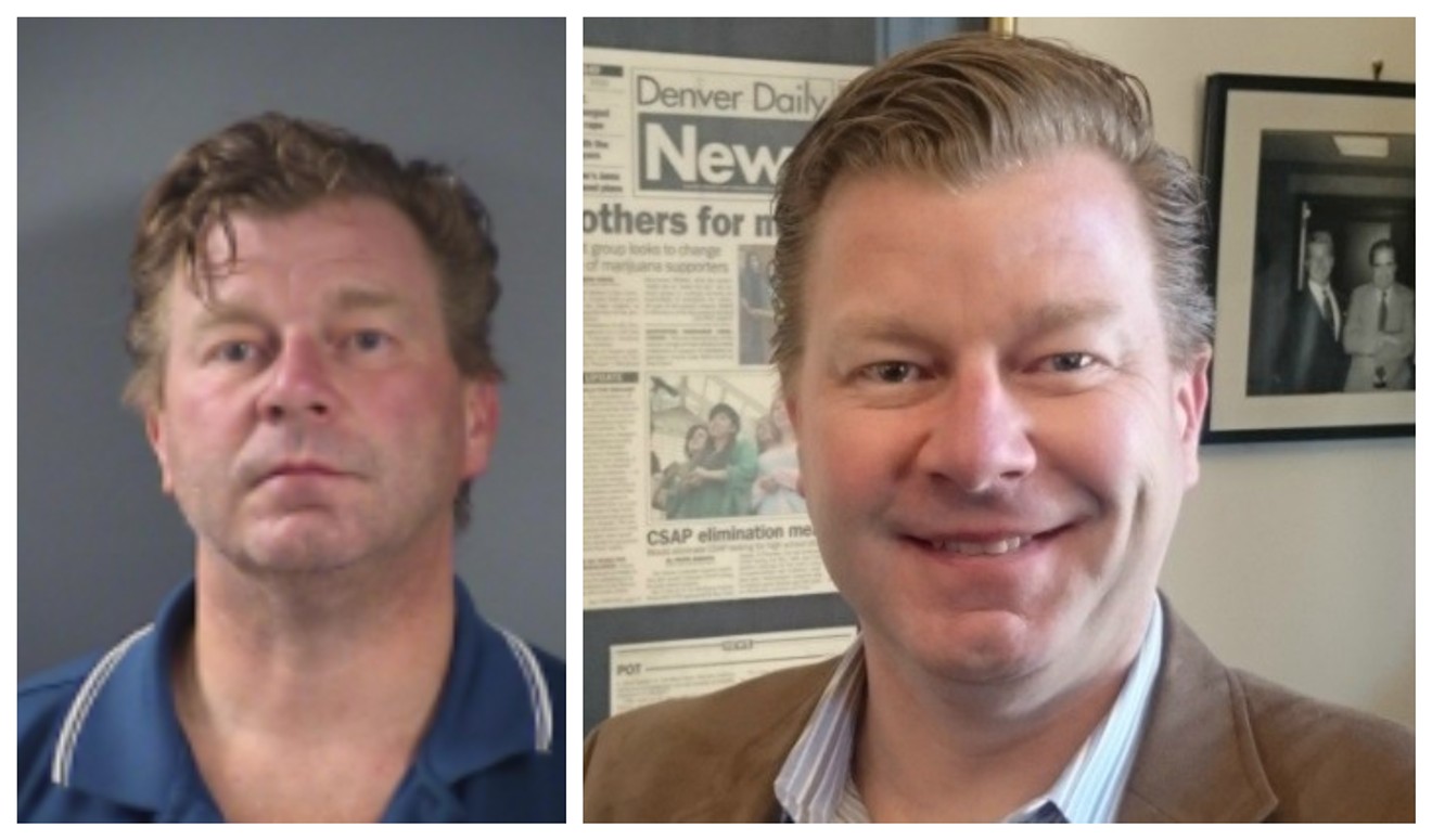 A recent mug shot of Rob Corry juxtaposed with a 2017 photo taken in his Denver office .