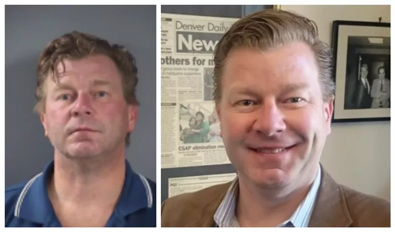 Image: A recent mug shot of Rob Corry juxtaposed with a 2017 photo taken in his Denver office .