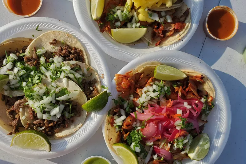 Image: Load up on extras like spicy pickled onions with habanero, pineapple, lime and salsa.