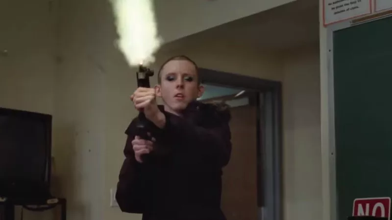 Image: The school shooter in Vox Lux wears a long coat of the sort associated with the Columbine killers.