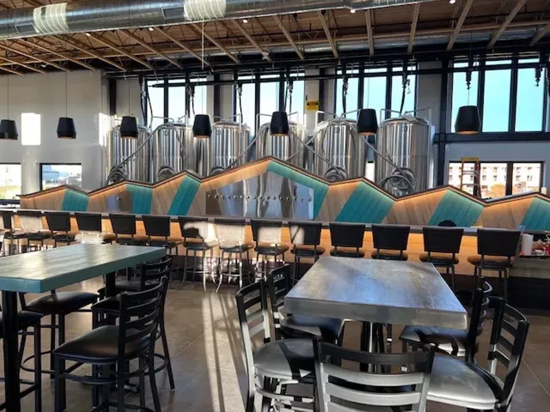 Image: Interior brewery and fermenter tanks.