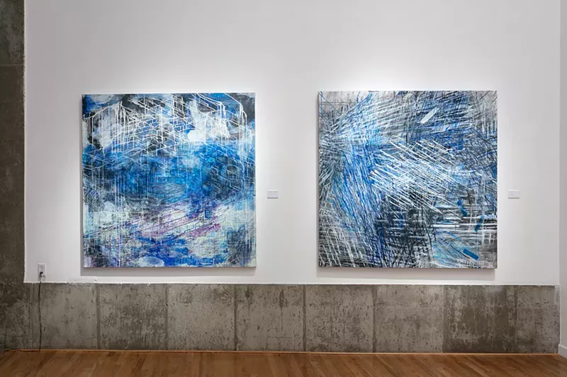 Image: Monroe Hodder's "Rings and Weather" (left) and "Bombogenesis" in Women in Abstraction at the William Havu Gallery.