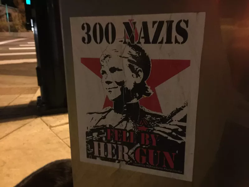 Image: The wheat-paste art near City Park honoring anti-fascist sniper Lyudmila Pavlichenko in 2017.