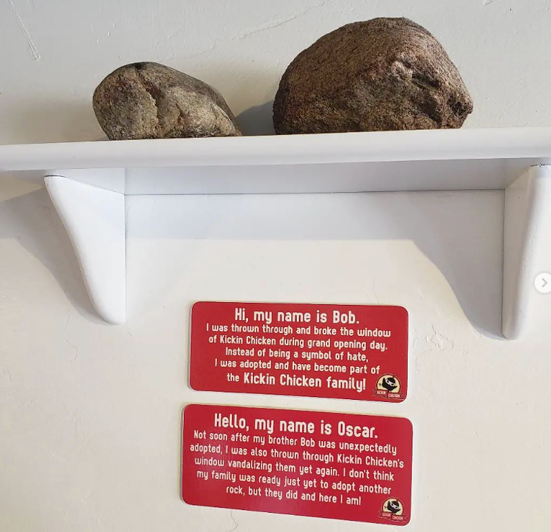 Image: Bob and Oscar caused damage at Kickin Chicken, but now the rocks are a part of the family.