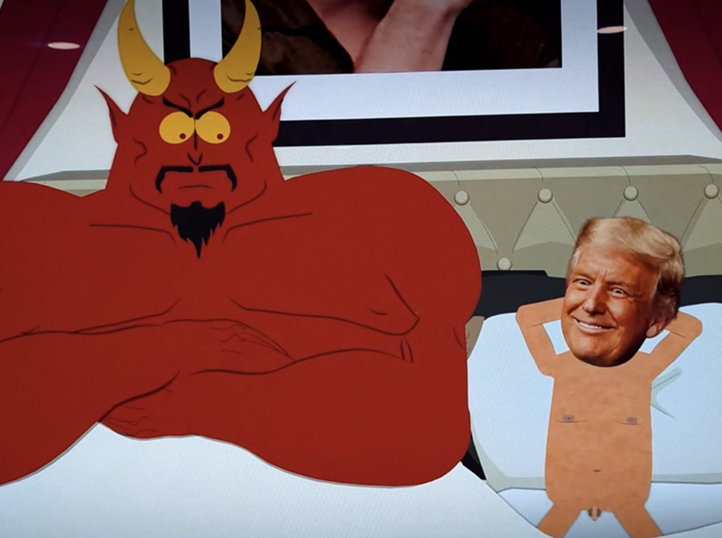 Image: A cartoon of satan and trump in bed