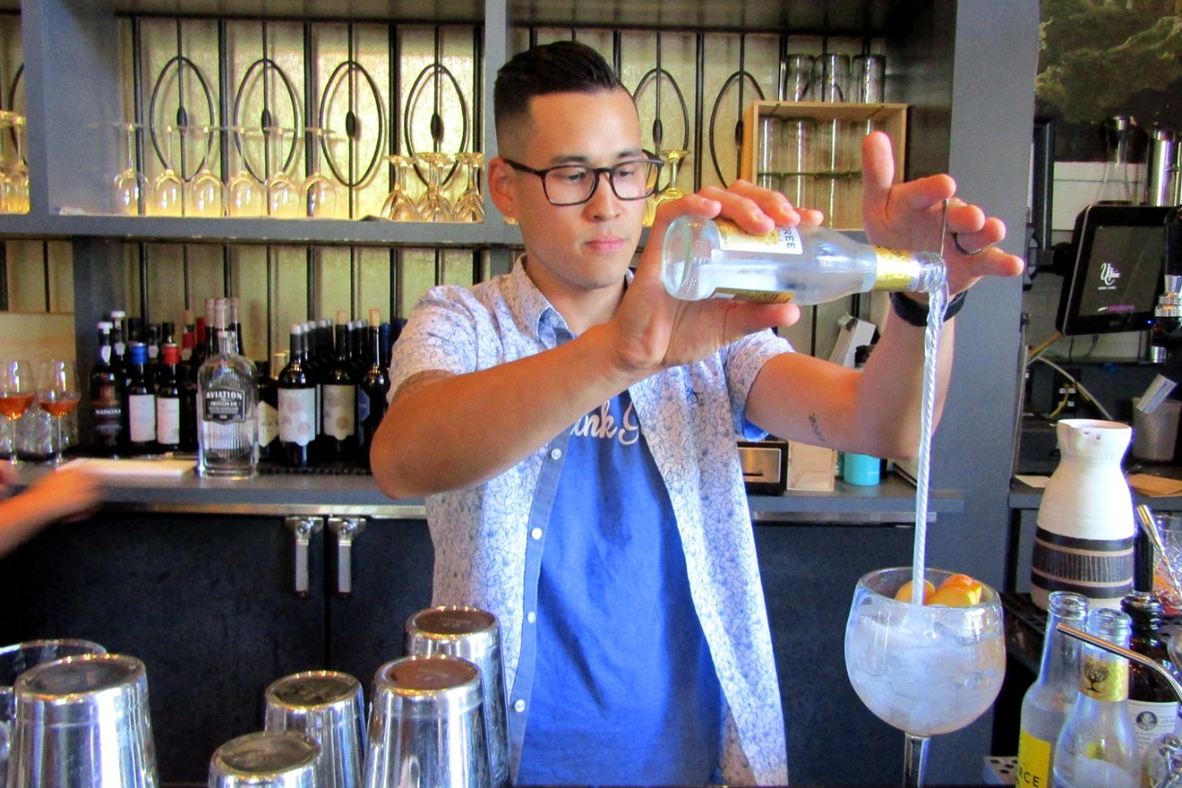 Ultreia bar manager Alan Berger uses a bar spoon with a helical handle to create a "vortex" of tonic that mixes into the gin.
