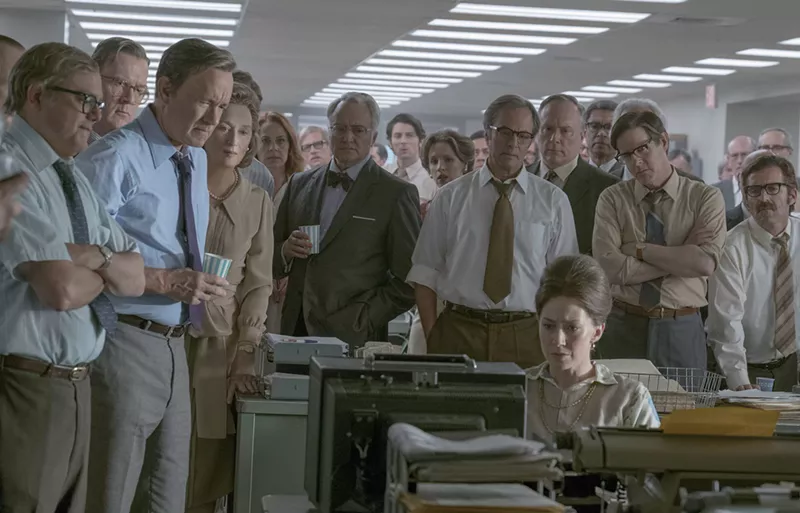 Image: Played in The Post by Tom Hanks (second from left), editor-in-chief Ben Bradlee runs a newsroom at The Washington Post that's still struggling for national prominence before the Pentagon Papers are leaked by Daniel Ellsberg.