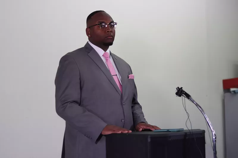 Image: Denver School Board Vice President Auon'tai Anderson speaking at a press conference at Brother Jeff's Cultural Center.