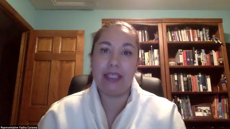 Image: State Representative Yadira Caraveo speaks to attendees of a virtual town hall on February 8.