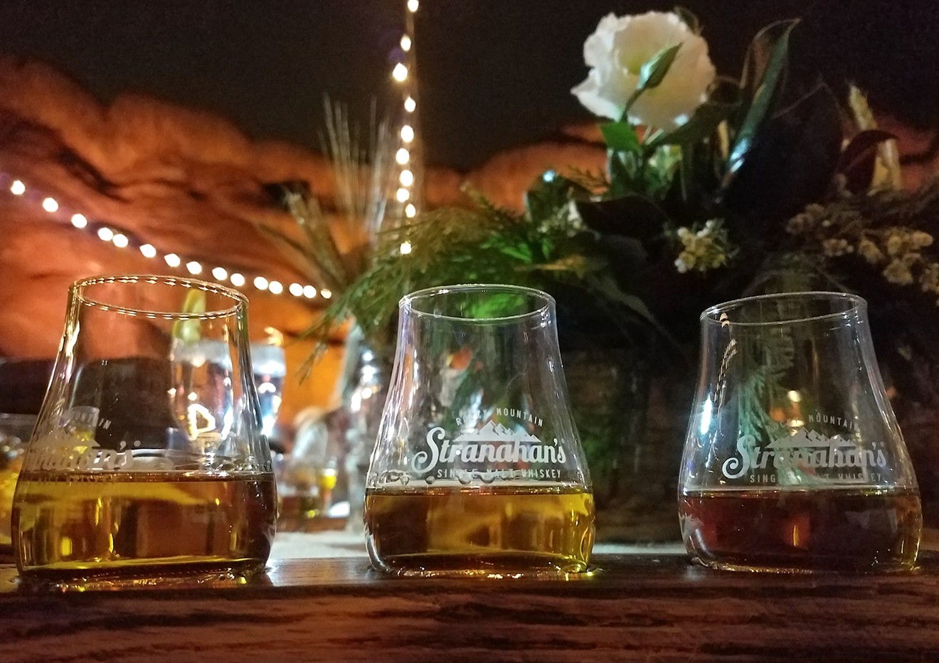 Sampling Stranahan's three whiskies on the stage of Red Rocks Amphitheater.