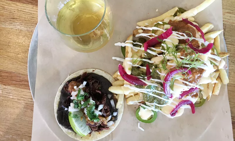 Image: Avanti always has booze pairing suggestions for all the food. A glass of Storypoint Chardonnay goes with the mushroom taco.