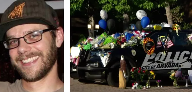 Image: What the Arvada Police Department describes as the only photo of Johnny Hurley authorized by his family, and a look at one of the memorials to late Officer Gordon Beesley.