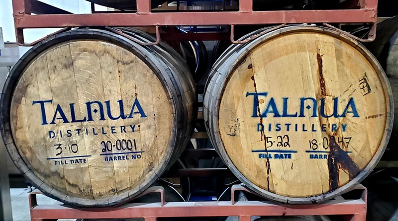 A few barrels of American pot-stilled whiskey aging at Talnua Distillery.