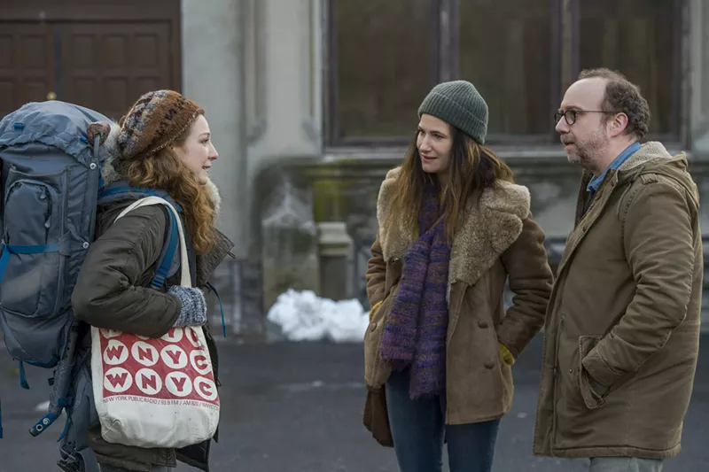 Image: In the Netflix comedy Private Life, Kathryn Hahn (middle) and Paul Giamatti (right) play a couple so desperate to conceive a child that they consider asking beaming stepniece Sadie (Kayli Carter) to donate an egg.