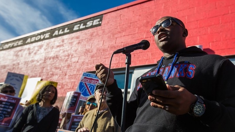 Tay Anderson at a protest he organized in late 2017 against Ink! Coffee, after a store ad joked about gentrification in Five Points.