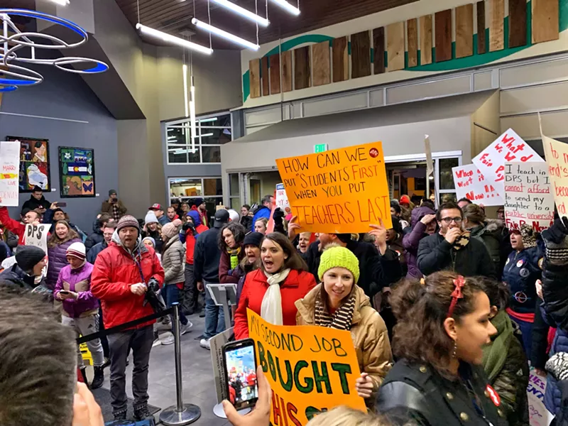 Image: Teachers and their supporters took over the Emily Griffith High School building to let the school board know they're not happy.
