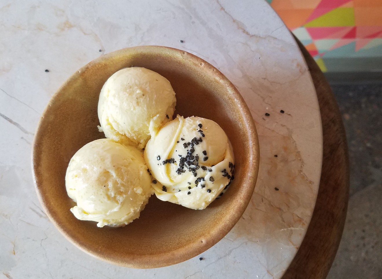 At Frozen Matter, you can get olive oil ice cream with three different salts on it.