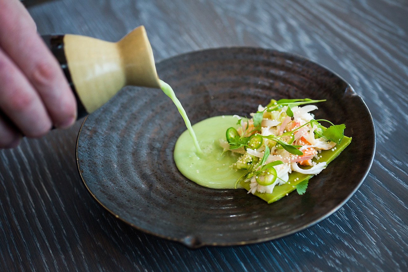 King crab with avocado, pickled shallot, serrano chiles, puffed rice and coconut-chile broth.