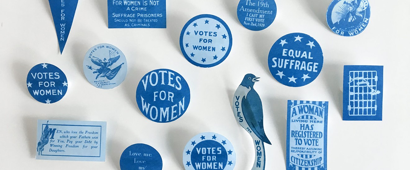 "Votes for Women 1920/2020," wearable cyanotype buttons by Lisa McCarty.