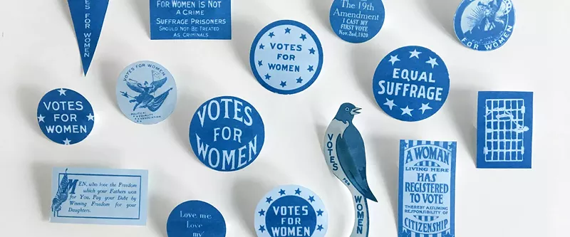 Image: "Votes for Women 1920/2020," wearable cyanotype buttons by Lisa McCarty.