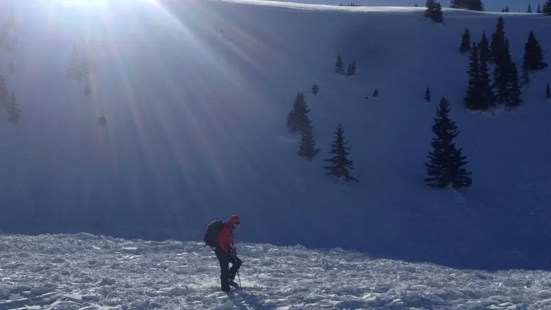 Image: An observer checks out an avalanche that occurred in the Sawatch Range on March 7.