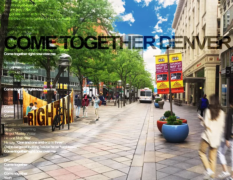 Image: Come Together Denver is the name of a bench on the 16th Street Mall that encourages strangers to speak to each other.