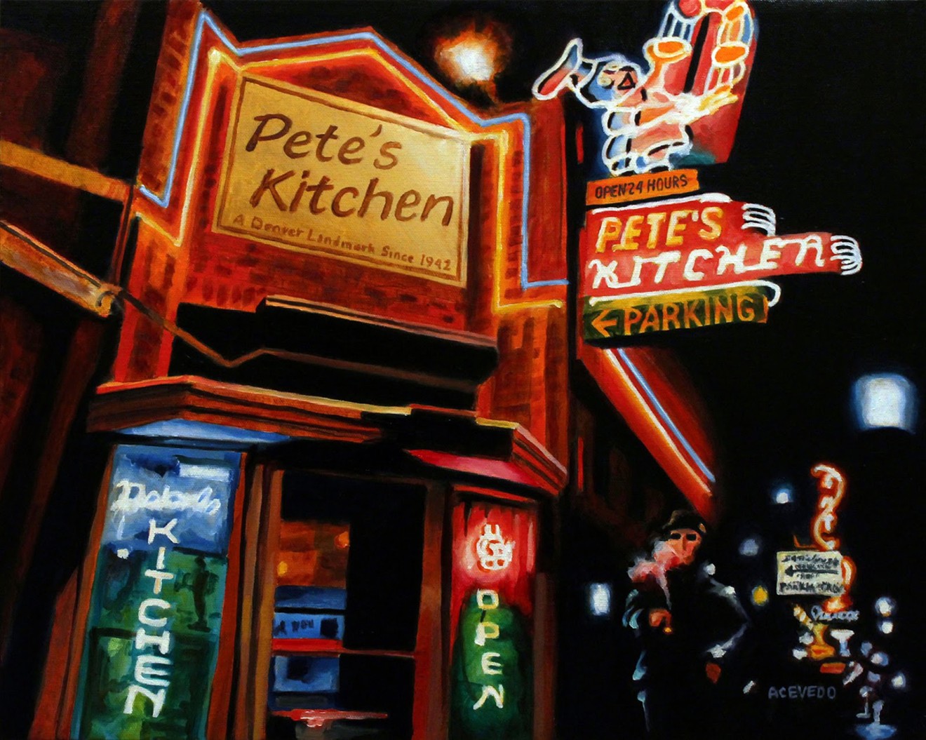 "Burning a J Outside Pete's Kitchen," an oil on canvas by Mario Acevedo, will be in Neon From the Curbside: The Art of Colfax.
