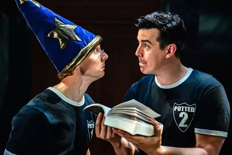 Image: Jeff and Dan face off as Harry and Dumbledore in Potted Potter: The Unauthorized Harry Experience, A Parody by Dan and Jeff.