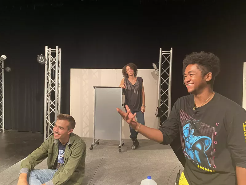 Image: Baris Loberg, Bianca Mikahn and Mykail Cooley share a laugh during rehearsal for Hype Man.
