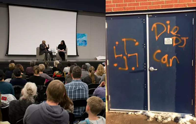 Image: Left, attendees listen to Mayor Michael Hancock at the Brave Coalition's launch. Right, vandalism at Isabella Bird Community School.