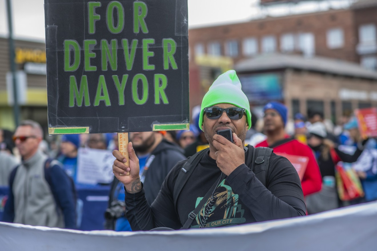 Terrance Roberts, candidate for Denver mayor, with his familiar bullhorn.