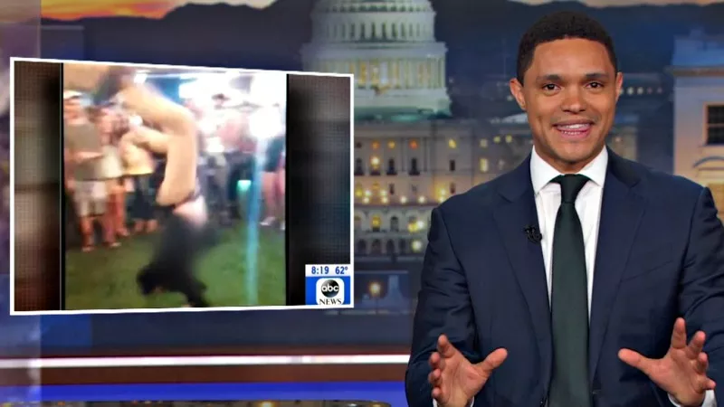 Image: The Daily Show's Trevor Noah takes on the backflipping FBI accidental shooter at Mile High Spirits.