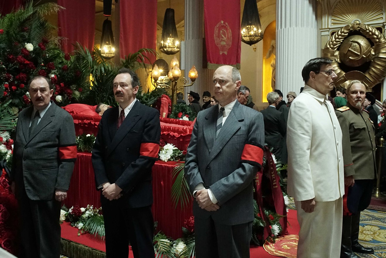 Steve Buscemi (third from left) plays an awkwardly scheming Nikita Khrushchev, who sounds curiously like a mousy Brooklyn wiseass, in Armando Iannucci’s foul-mouthed and funny The Death of Stalin.