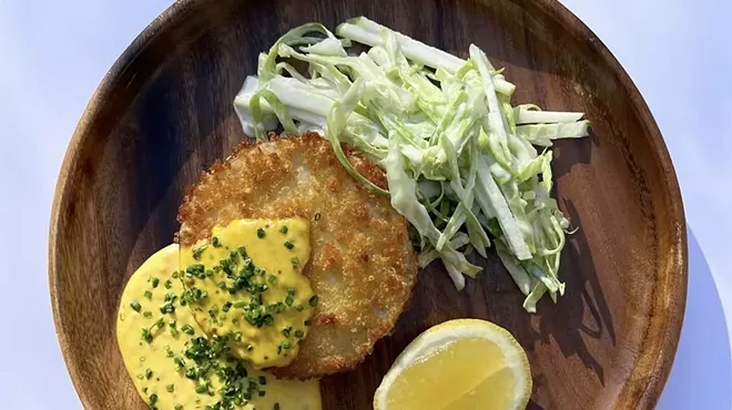 A creamy fennel-apple salad alongside deep-fried celeriac topped with whole grain mustard