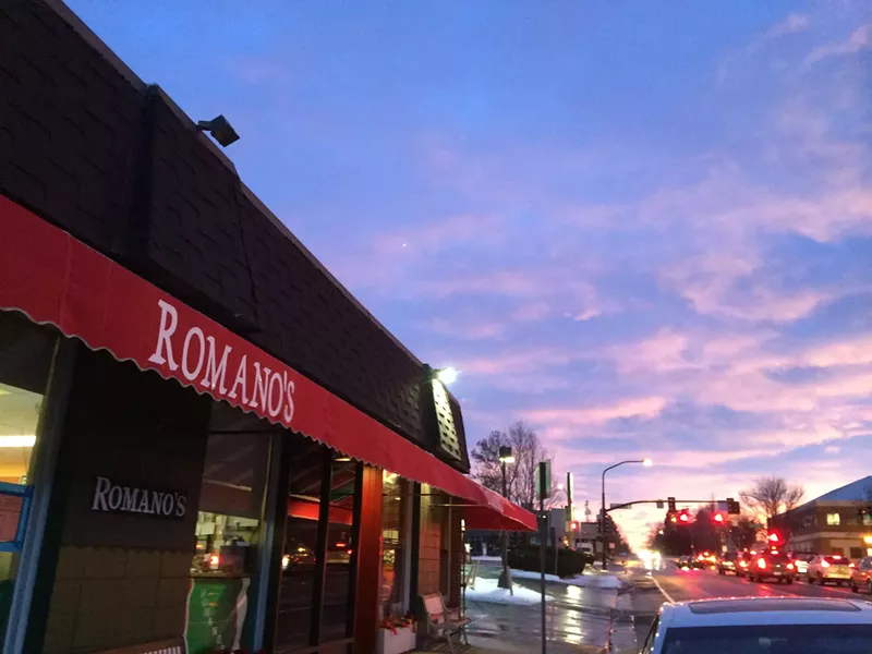 Image: a red awning on a building