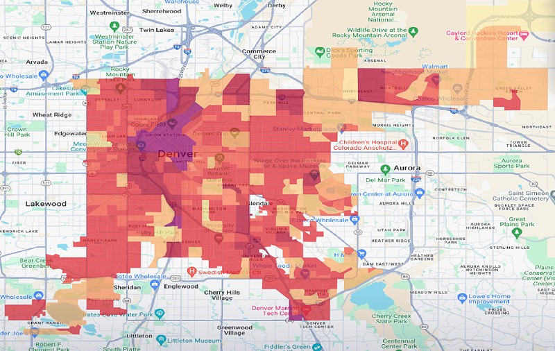 Denver residents experience between 12.5 and 4.9 degrees of additional heat depending on their location in the city.