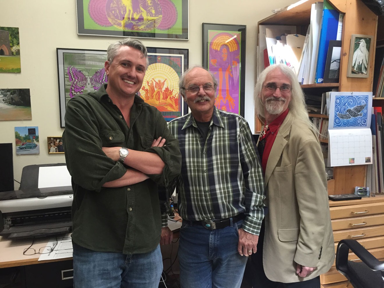 Filmmakers Dan Obarski (left) and Scott Montgomery (right) with artist Bob Schnepf.