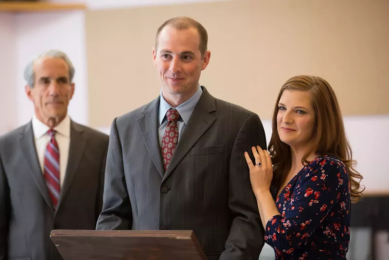 Image: John Hutton (from left), Casey Andre and Emily Van Fleet in King Charles III.
