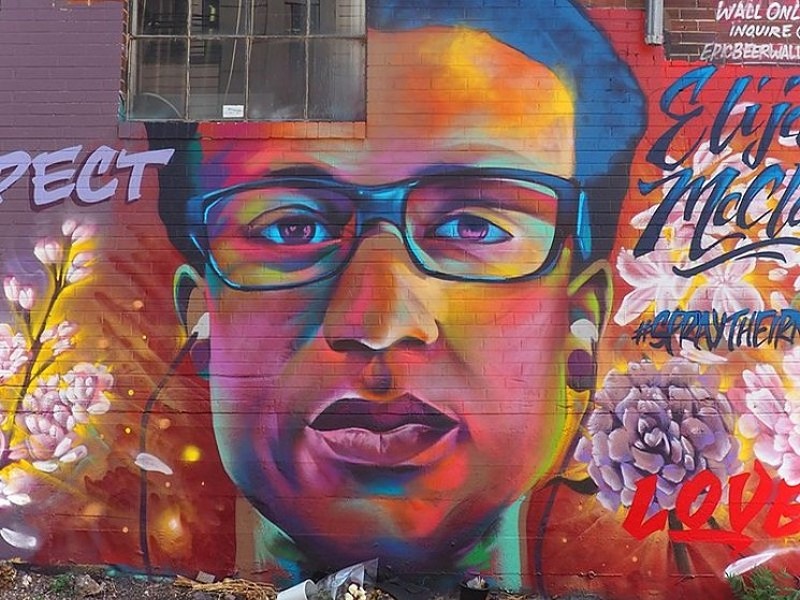 A mural of Elijah McClain at 30th and Walnut streets.
