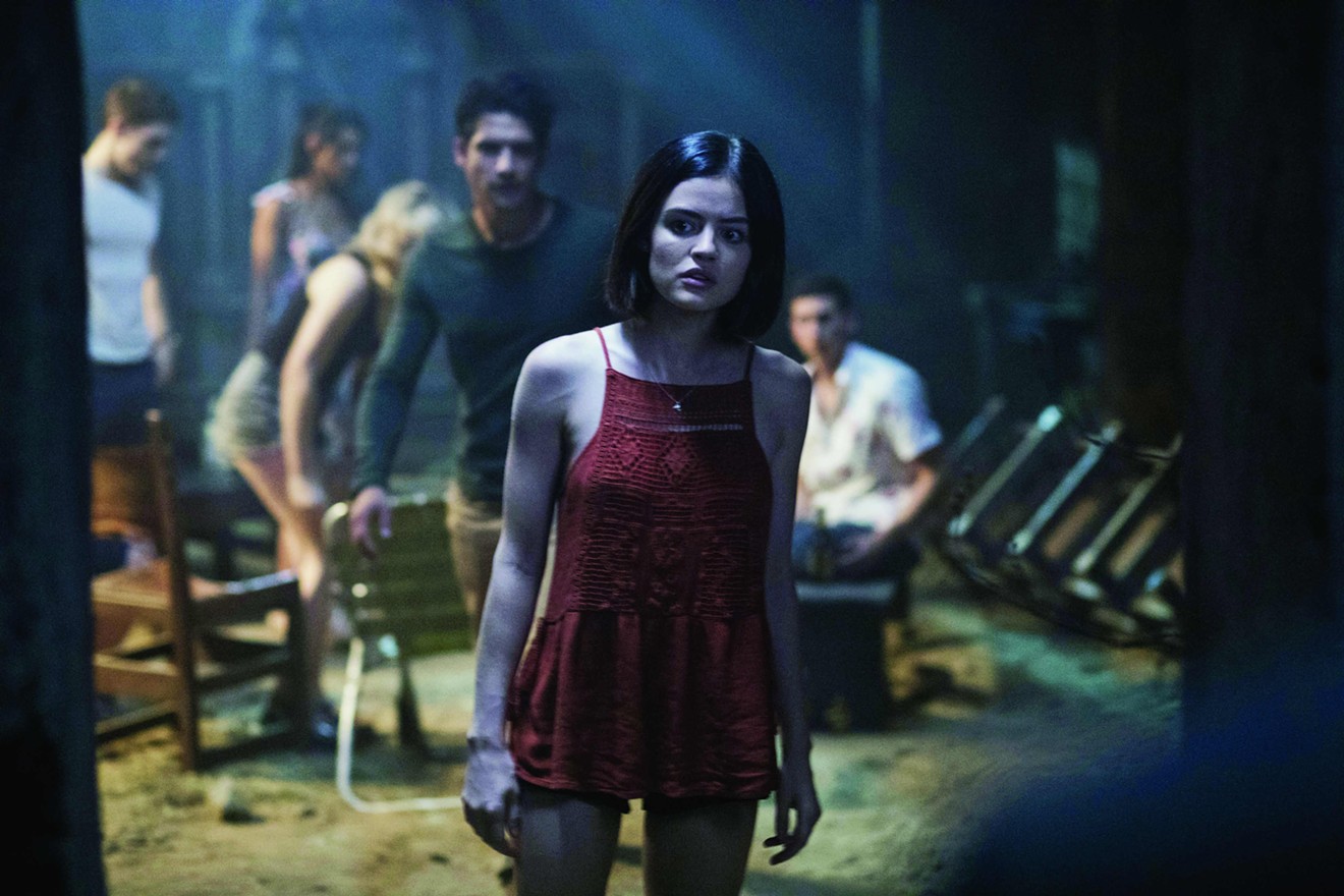 Lucy Hale portrays Olivia, a  USC senior who finds herself surrounded by schoolmates with glowing red eyes and demonically distorted faces in Blumhouse’s Truth or Dare.
