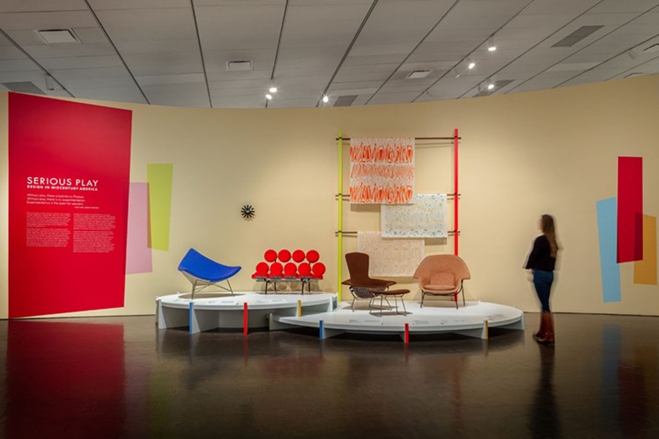 "Coconut Chair," "Marshmallow Sofa," "Bird Chair and Ottoman" and "Womb Chair," with printed fabrics above, in Serious Play.