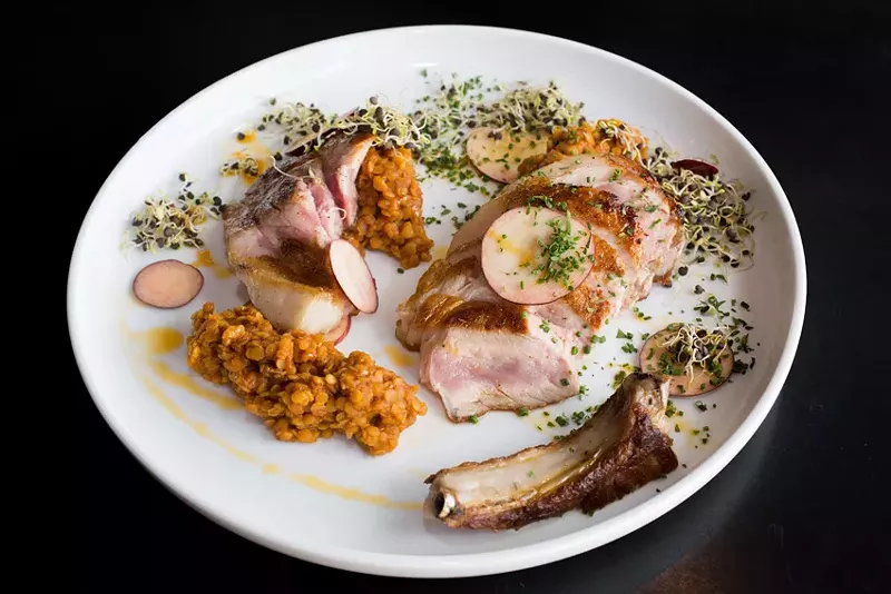 Image: The pork loin chops and lentils make up one of the Way Back’s large plates.