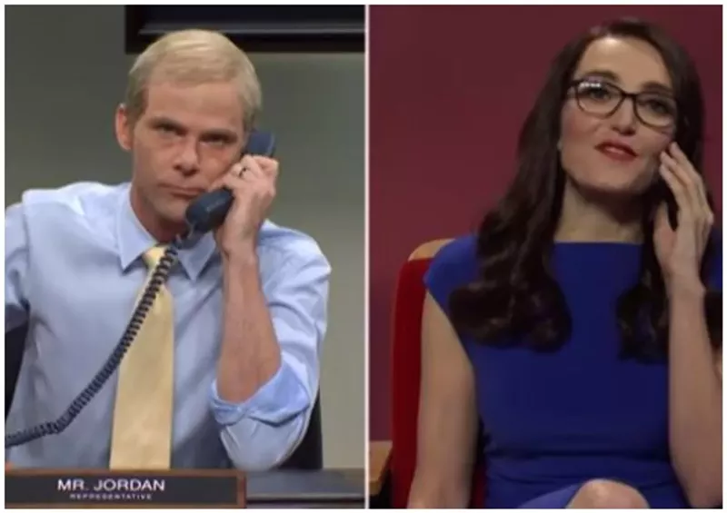 Image: split screen on Saturday Night Live with Jim Jordan and Lauren Boeber