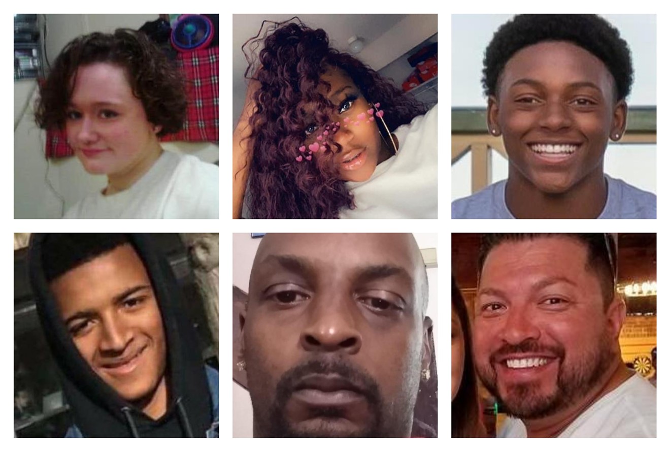 (Clockwise from upper left) Crystal Black, Kalani Hayter, Davarie Armstrong, Joe Trujillo, Dowan Alexander and Moses Chaney Harris all died from gun violence in Colorado during July 2020.