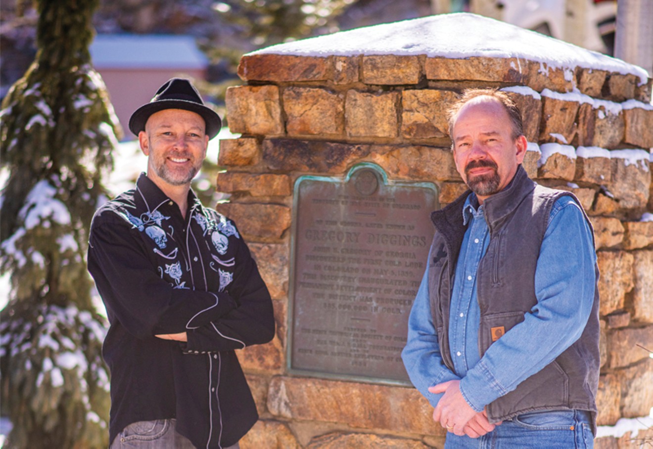Jeremy Fey, mayor of Central City (left), and David Spellman, mayor of Black Hawk, near the site where gold was found just over 150 years ago in the future Gilpin County.