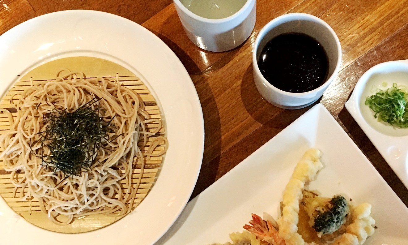 Handmade soba noodles at Matsuhisa are served chilled, with an option of tempura shrimp and vegetables.