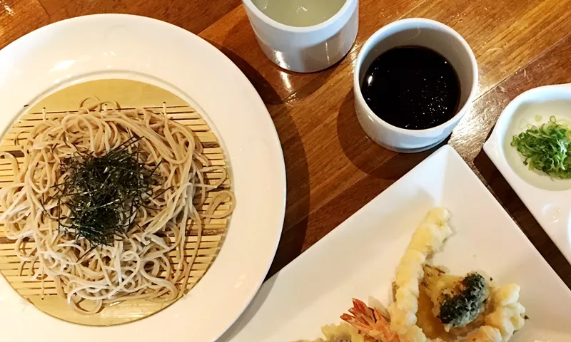 Image: Handmade soba noodles at Matsuhisa are served chilled, with an option of tempura shrimp and vegetables.