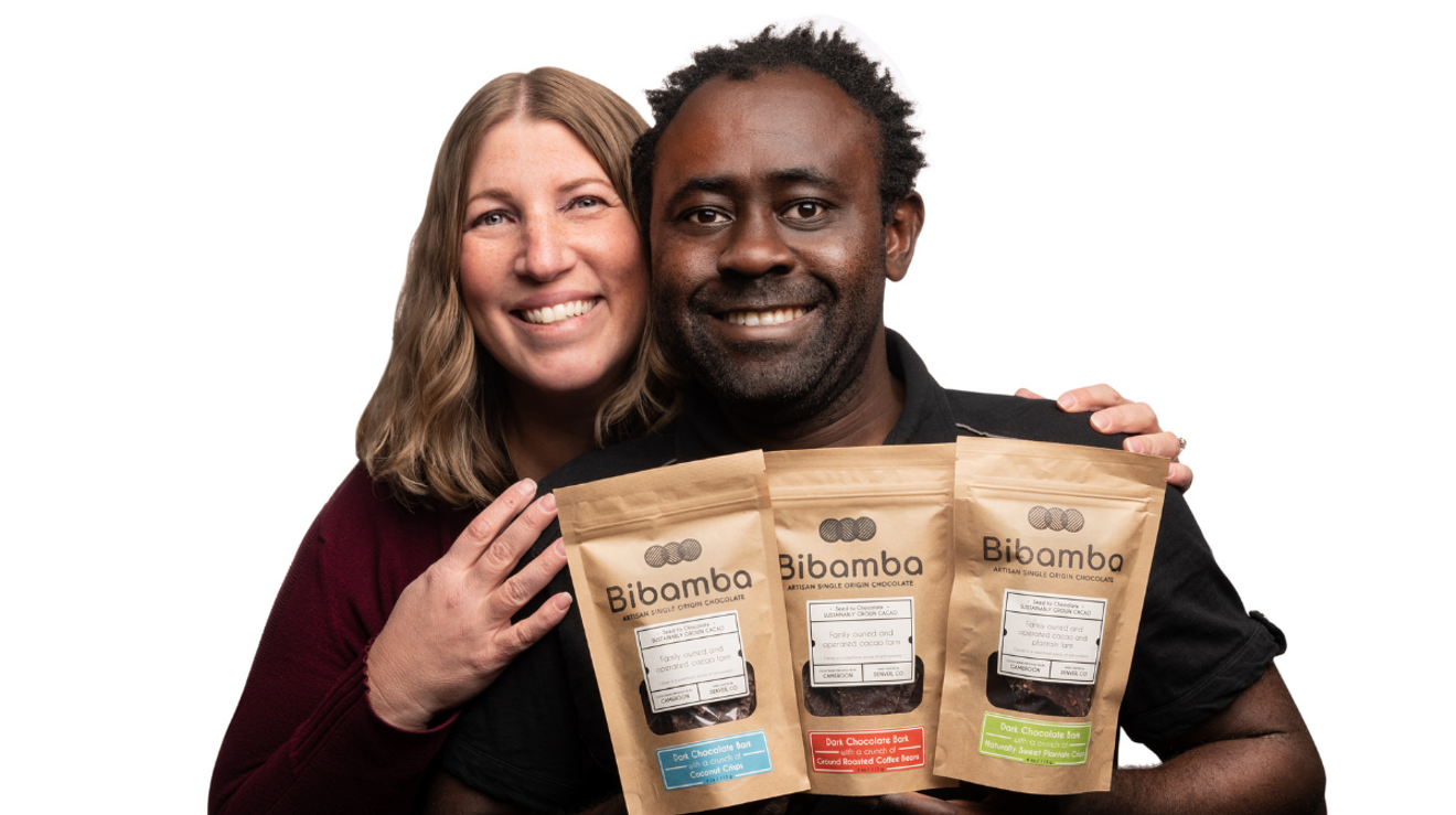 Patrick and Mara Tcheunou with their three varieties of Bibamba  chocolate bark.